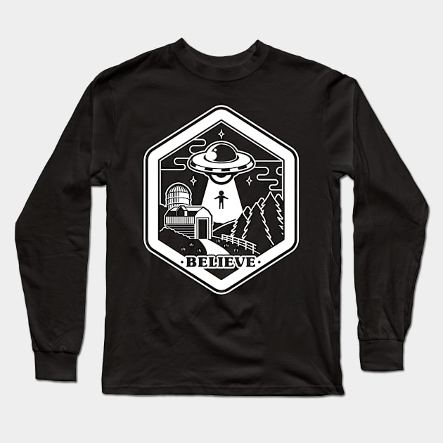 Alien Abduction UFO Believe Farm Logo Long Sleeve T-Shirt by markz66